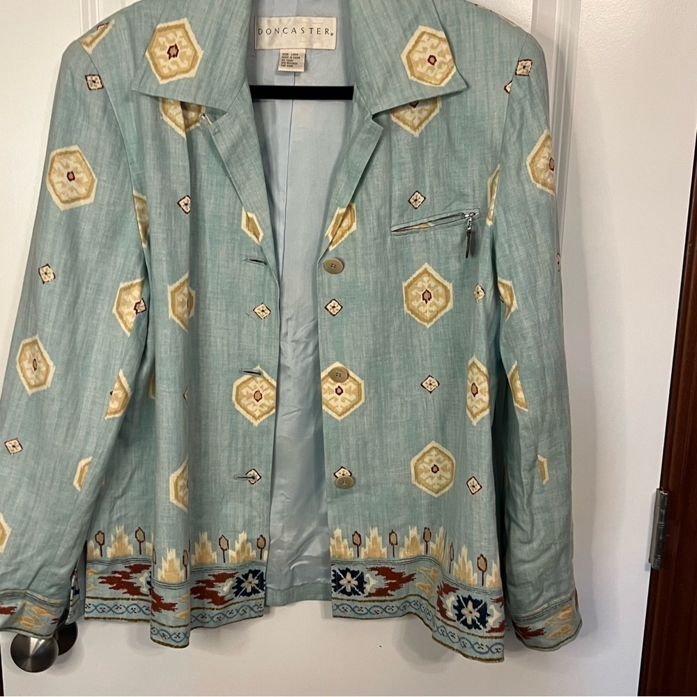 Doncaster 100% Linen Button Down Sports Blazer Jacket Women Size 12 Aqua Aztec - Picture 9 of 10